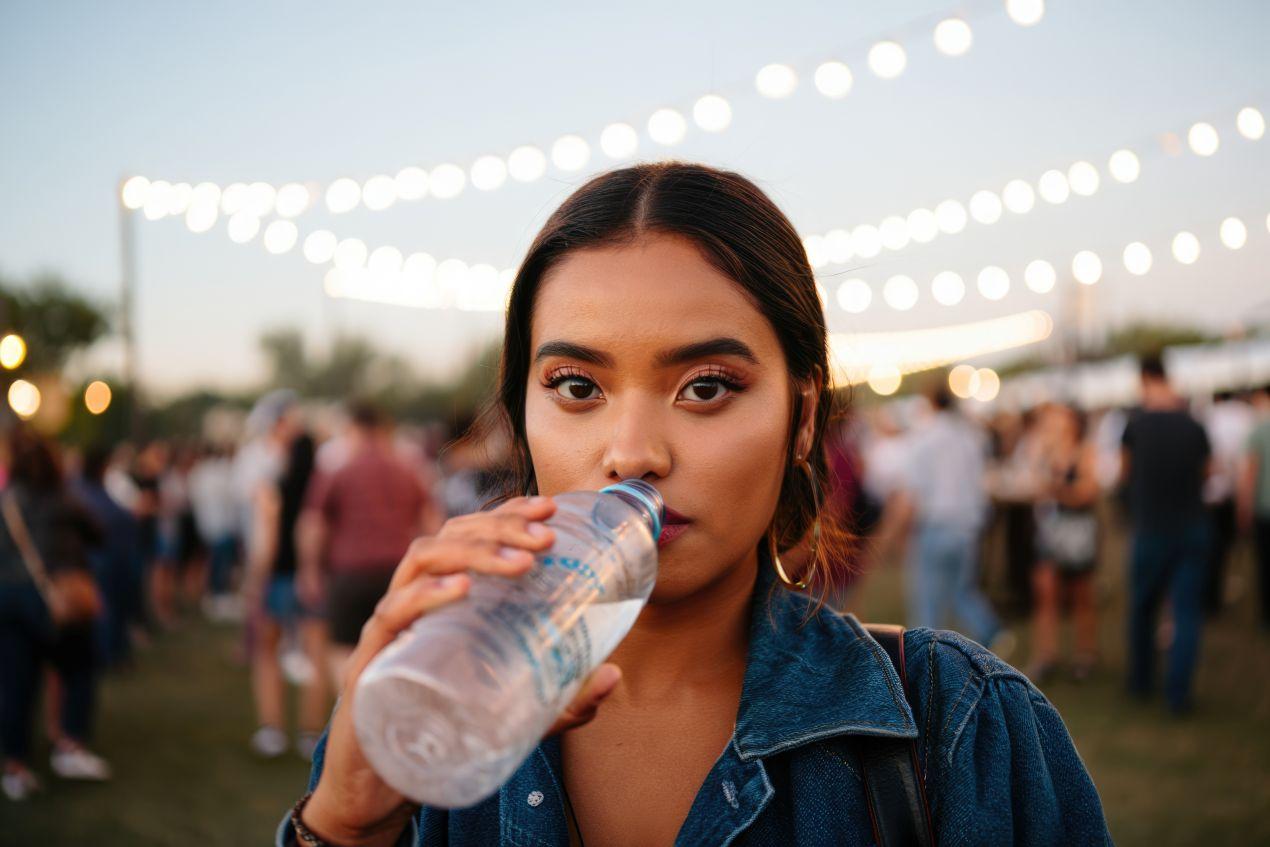 Junge Frau trinkt aus Flasche auf Festival – Trinkwasser ist wichtig wie Pfefferspray fuer Sicherheit und Vorbereitung