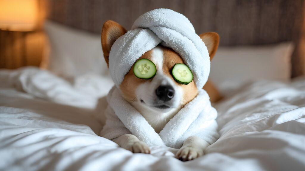 Hund mit Handtuchturban und Gurkenscheiben | Hundeleckerli