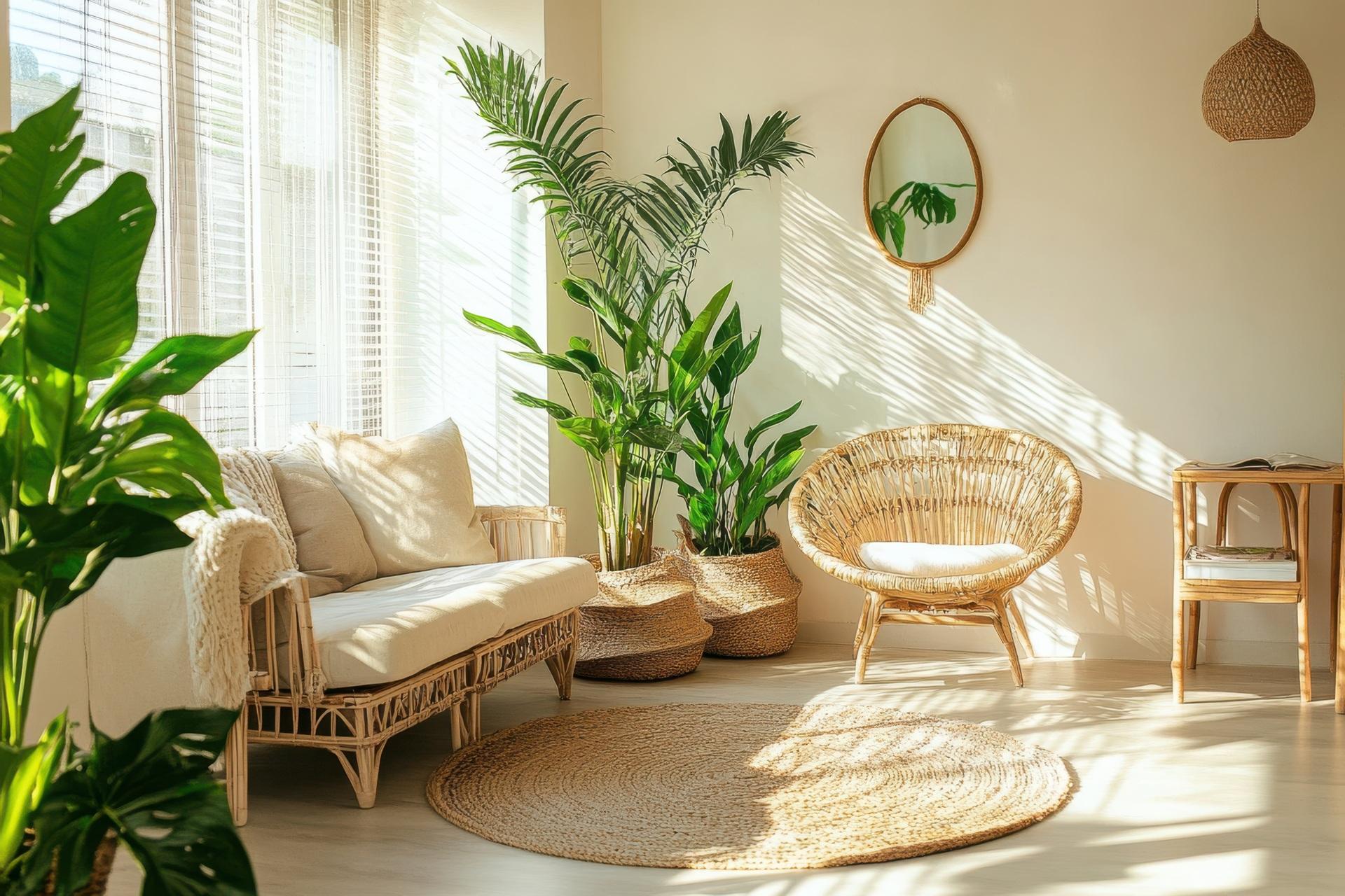 Boho-Wohnzimmer mit Pflanzen im Übertopf | Übertopf